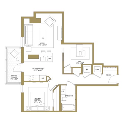 A floor plan of a house with a living room, kitchen, bathroom, and bedrooms.